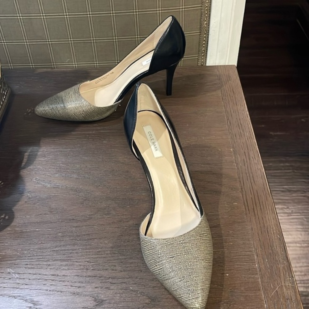 Cole Haan Two-Tone Black and Gold Pointed-Toe Heels